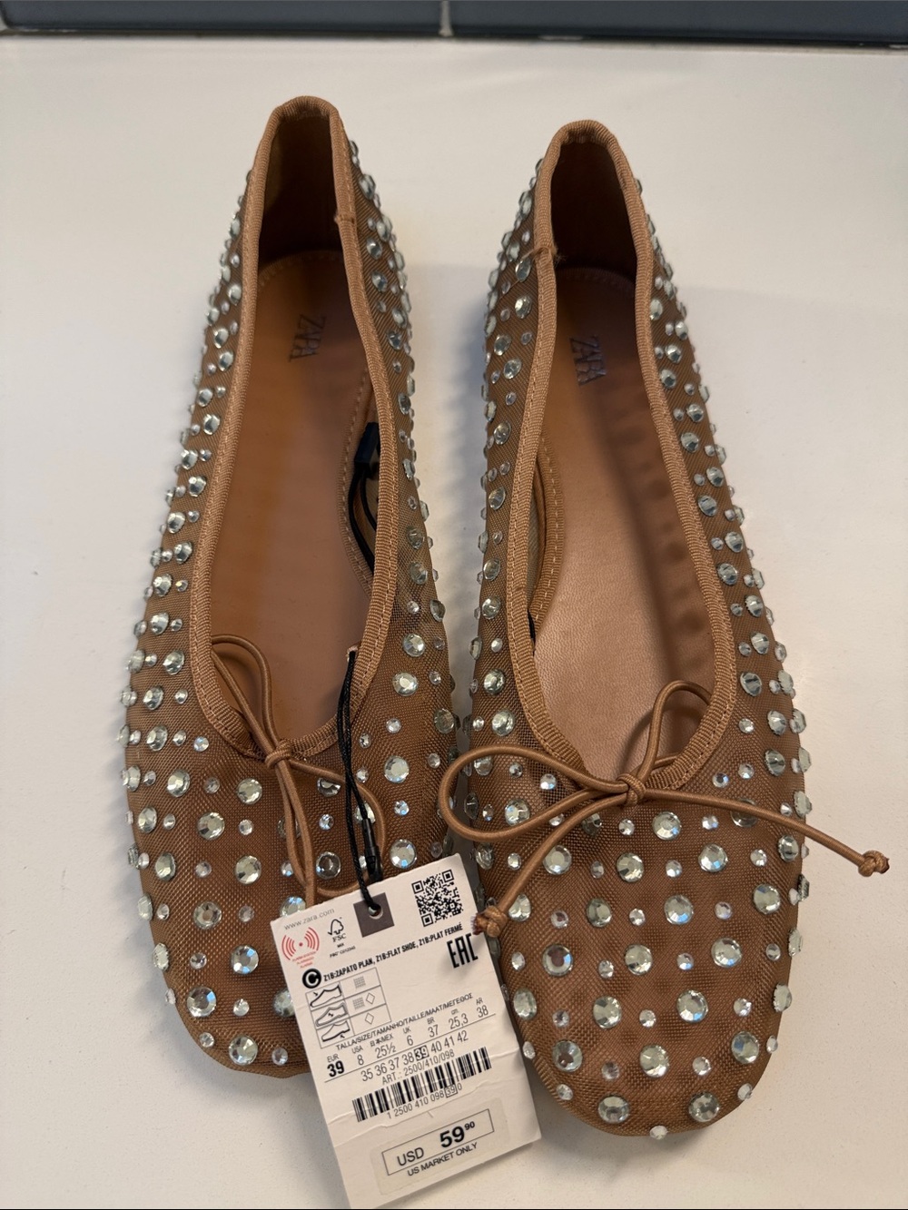 Zara NWT Studded Tan Ballet Flats - 39
